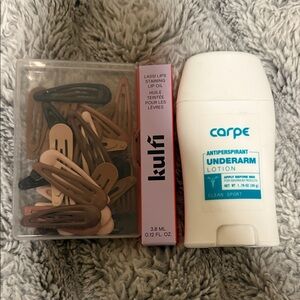 Kulfi Lip Oil and Carpe Antiperspirant with Hair Clips
